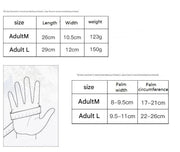 Measurement chart for gloves with size, length, width, and weight details.
