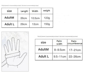 Measurement chart for gloves with size, length, width, and weight details.