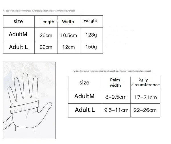 Measurement chart for gloves with size, length, width, and weight details.