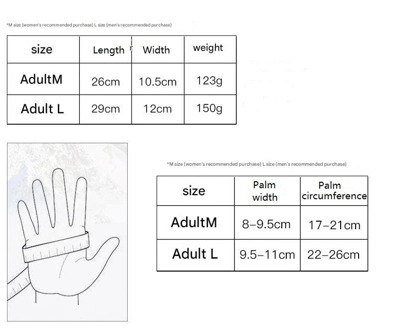 Measurement chart for gloves with size, length, width, and weight details.