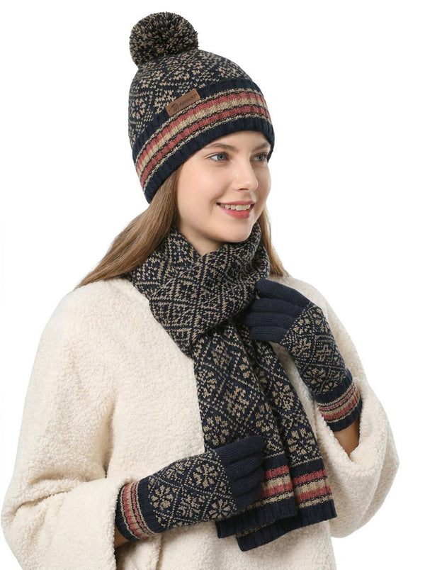 #NavyBlue Vintage Jacquard Knit Hat Scarf Gloves Set