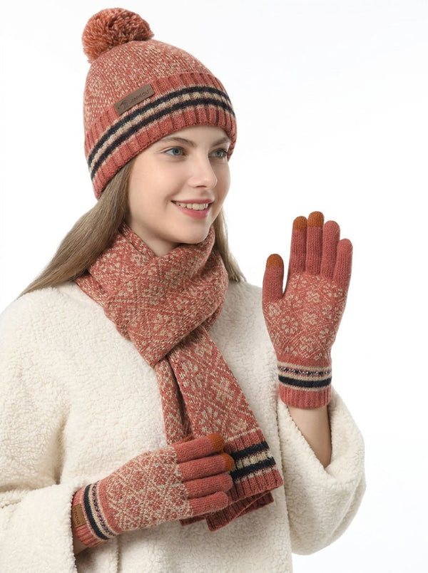 #WatermelonRed  Vintage Jacquard Knit Hat Scarf Gloves Set