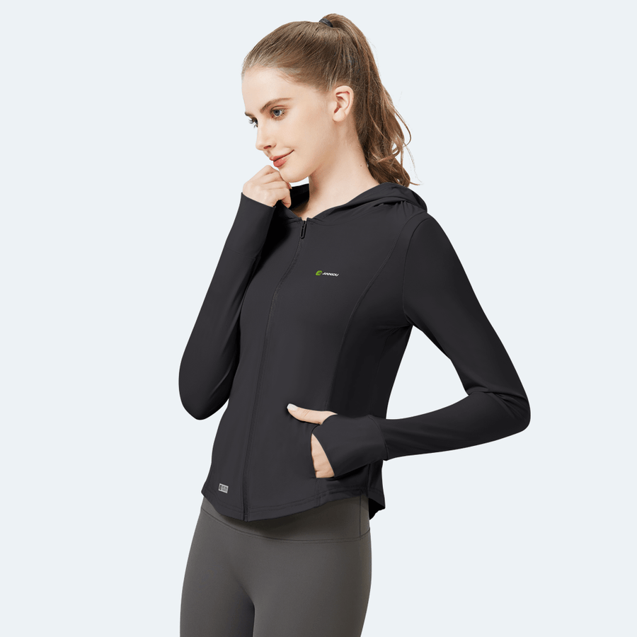 womens black hooded sports jacket with a zip made by Anniou