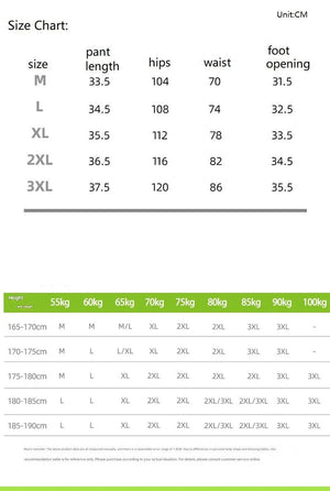 Size chart for pants with measurements in centimeters and kilograms.