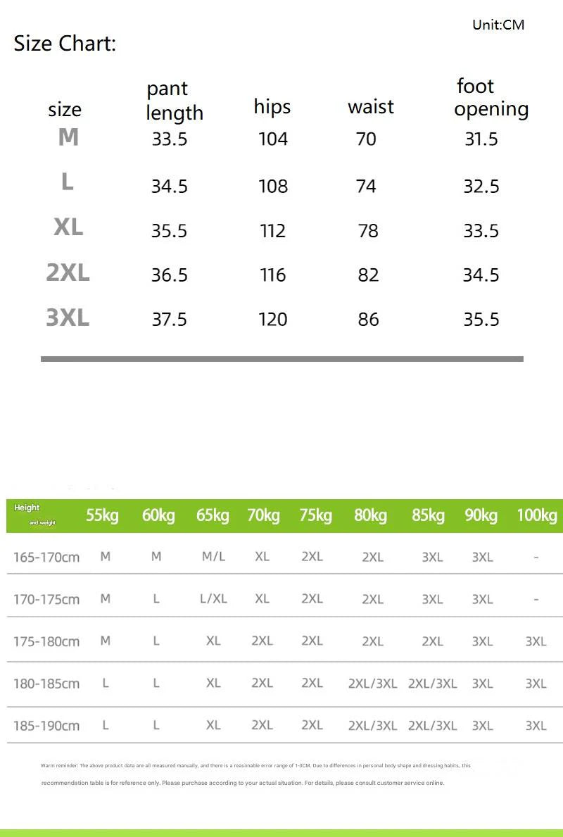 Size chart for pants with measurements in centimeters and kilograms.