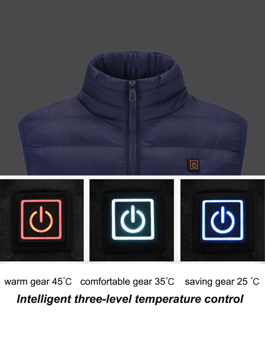 Navy blue heated jacket with temperature control indicators