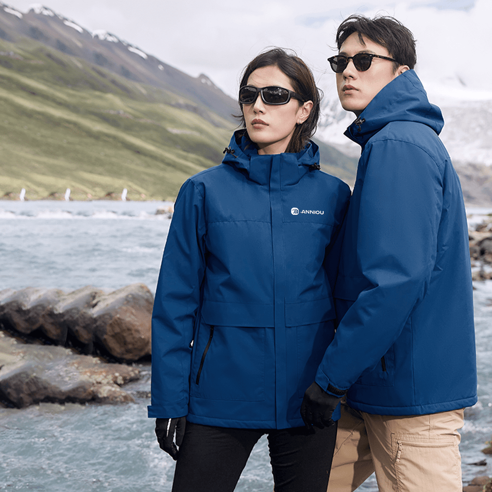 man and a woman wearing a blue Silver Fox Fleece Jacket by Anniou