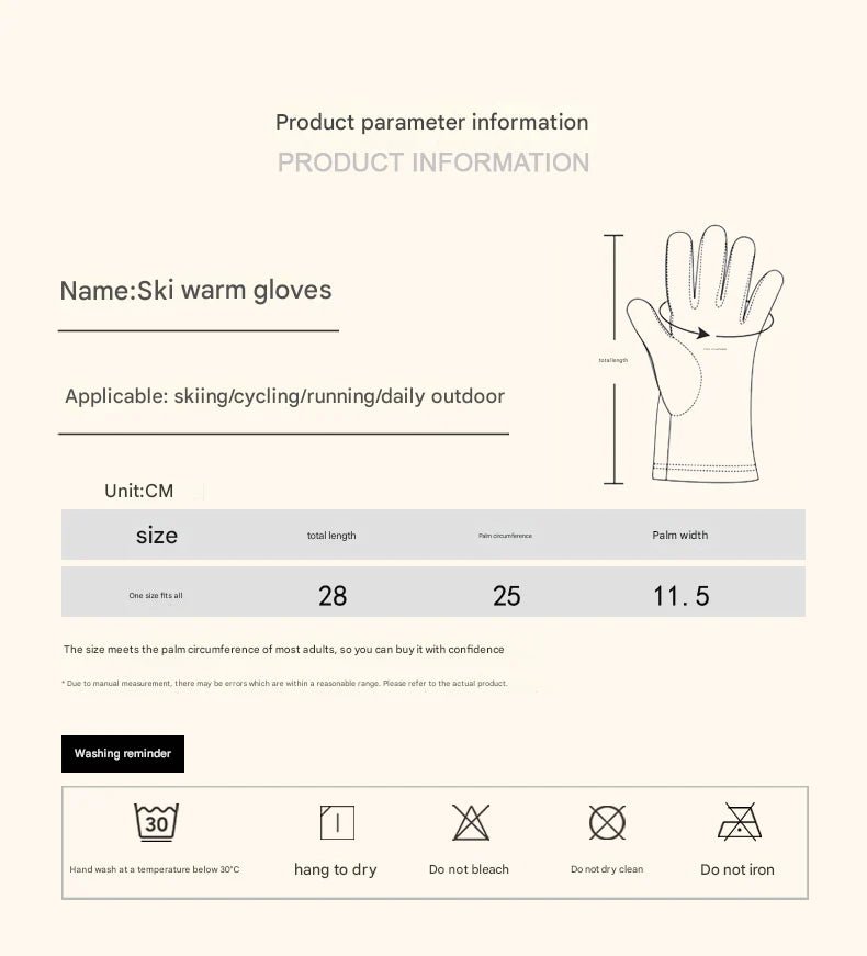 Product information for ski warm gloves including size details and care instructions.