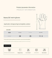 Product information for ski warm gloves including size details and care instructions.