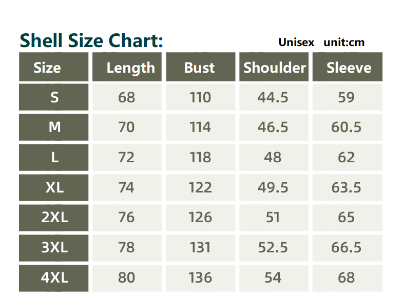 Waterproof 3 in 1 Jacket size guide