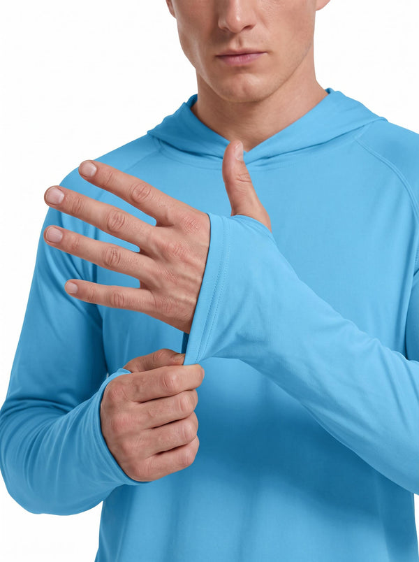 Close-up studio photo against a white background. A male model demonstrates the thumb hole cuff of the #blue hooded long-sleeve sun shirt, highlighting the extended sleeve design for enhanced sun coverage.