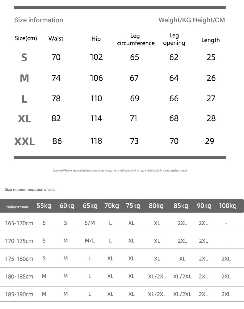 Size chart for clothing with measurements in centimeters and weight ranges.