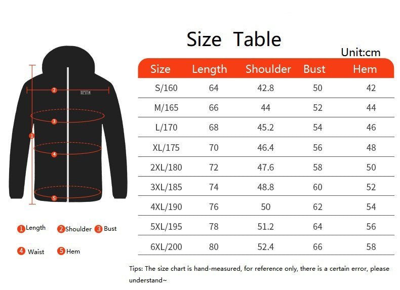 Unisex 21 Area Hooded Heated Down Jacket size guide
