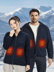 Two people wearing navy blue heated fleece jackets with