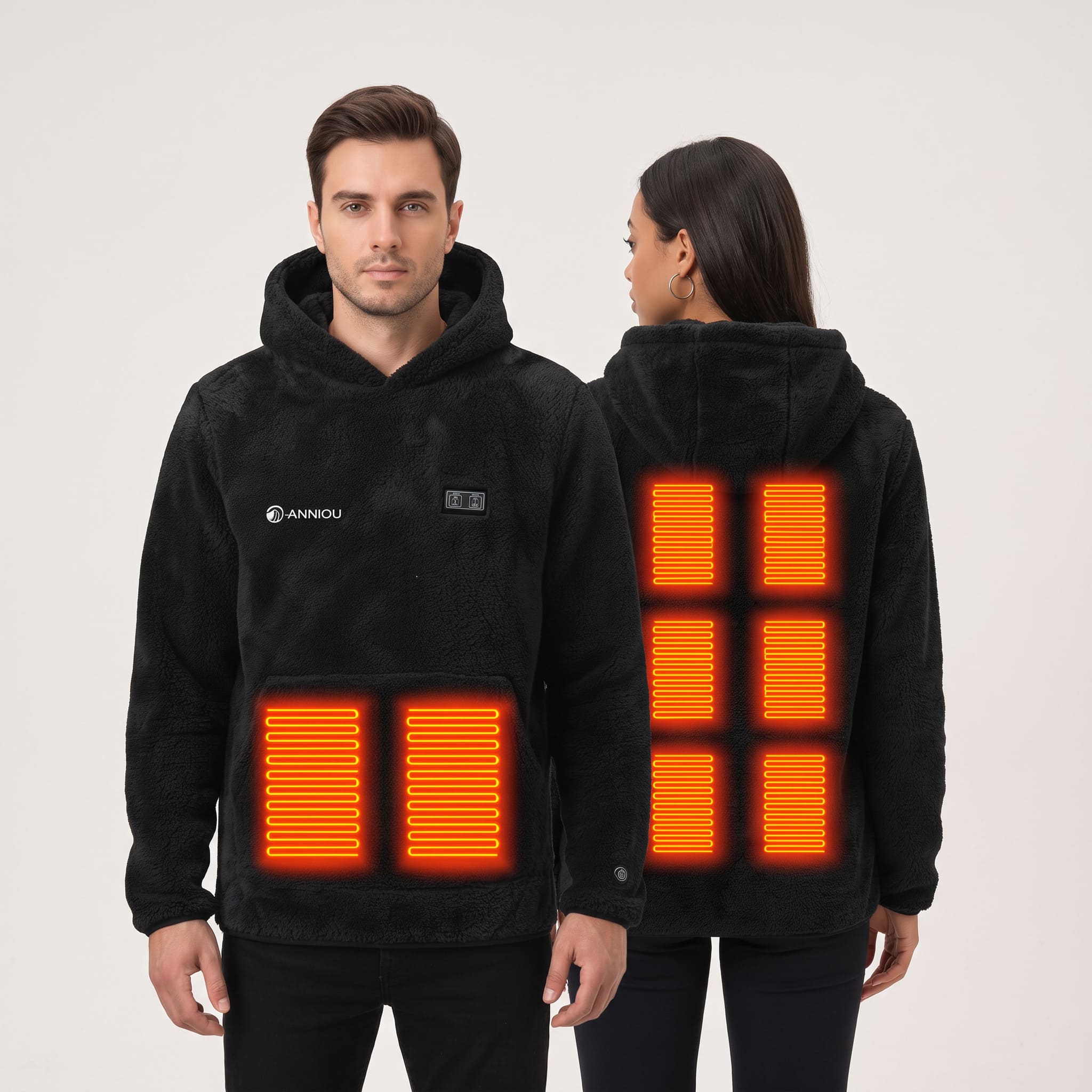 man and woman wearing a Heated Fleece Hoodie back and front showing heated zones