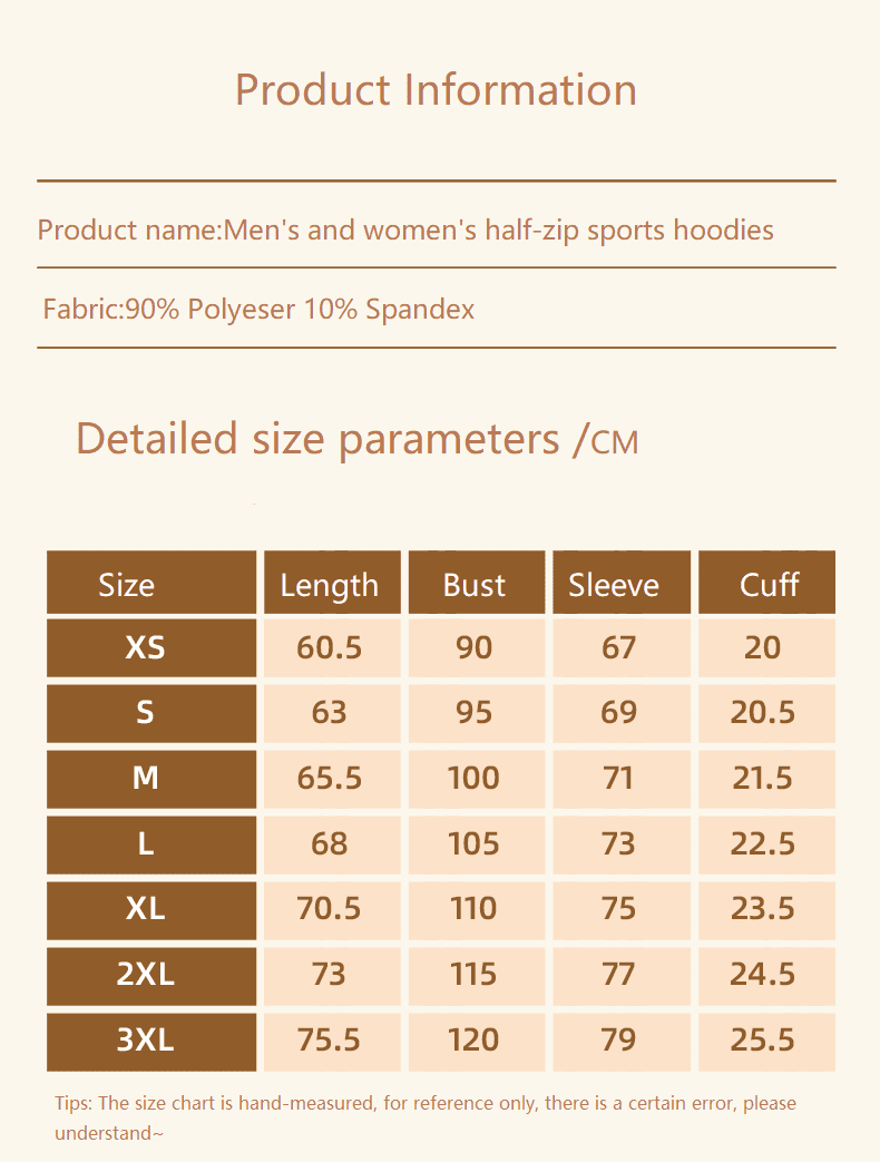 UPF 100+ Quarter Zip Sweatshirt size guide