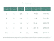 Size recommendation chart for clothing with dimensions and weight ranges.