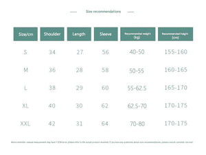 Size recommendation chart for clothing with dimensions and weight ranges.
