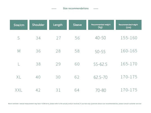 Size recommendation chart for clothing with dimensions and weight ranges.