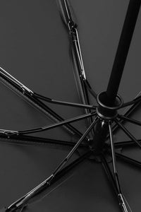 Close-up of an umbrella's black metal frame against a dark upf 50
