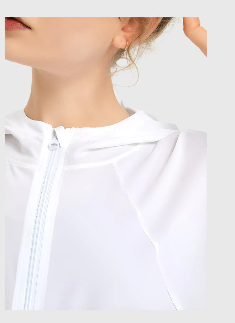 white upf 40+ hooded Jacket with round neck