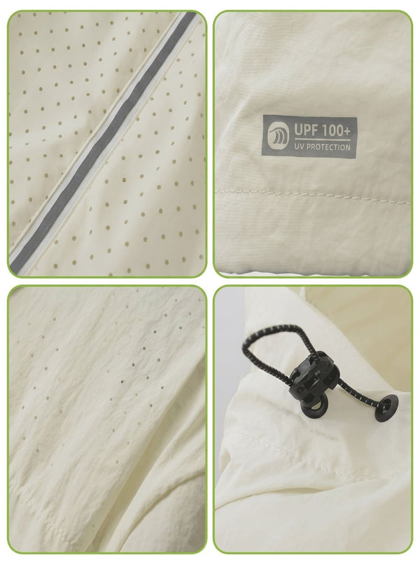 Four-panel close-up collage of a light cream-colored sun hat or beachwear fabric detail, showing a perforated pattern, a gray trim strip, a gray UPF 100+ UV Protection label, and a black drawcord closure.
