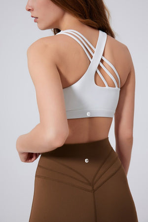 women's #white Asymmetric Back Sports Bra by Anniou and brown leggings