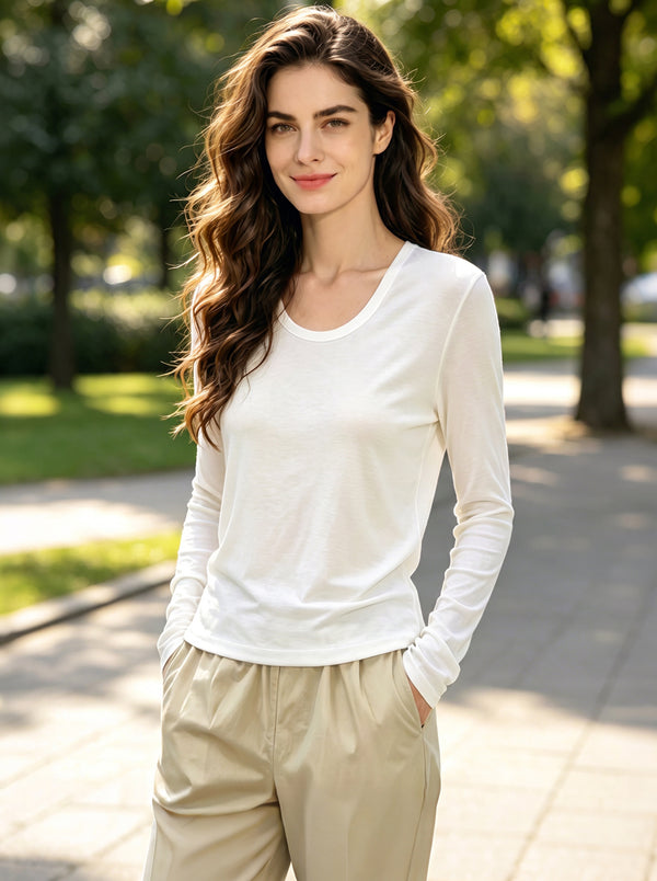 #white U Neck Long Sleeve Top UPF50