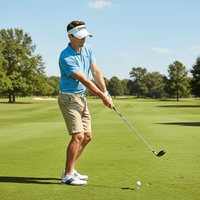 a handsome man wearing a white wide‑brim golf sun hat, playing golf on a sunny golf course