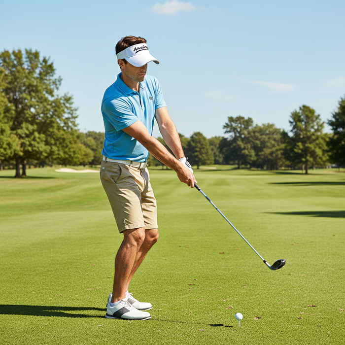 a handsome man wearing a white wide‑brim golf sun hat, playing golf on a sunny golf course