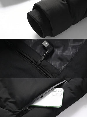 windproof elastic cuff and inner pocket details of #Black 11 Area Heated Padded Jacket