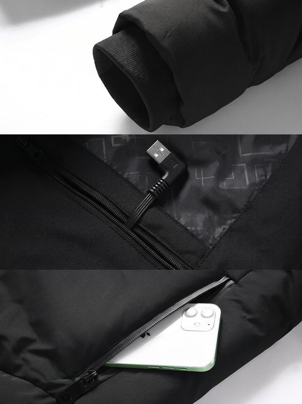 windproof elastic cuff and inner pocket details of #Black 11 Area Heated Padded Jacket
