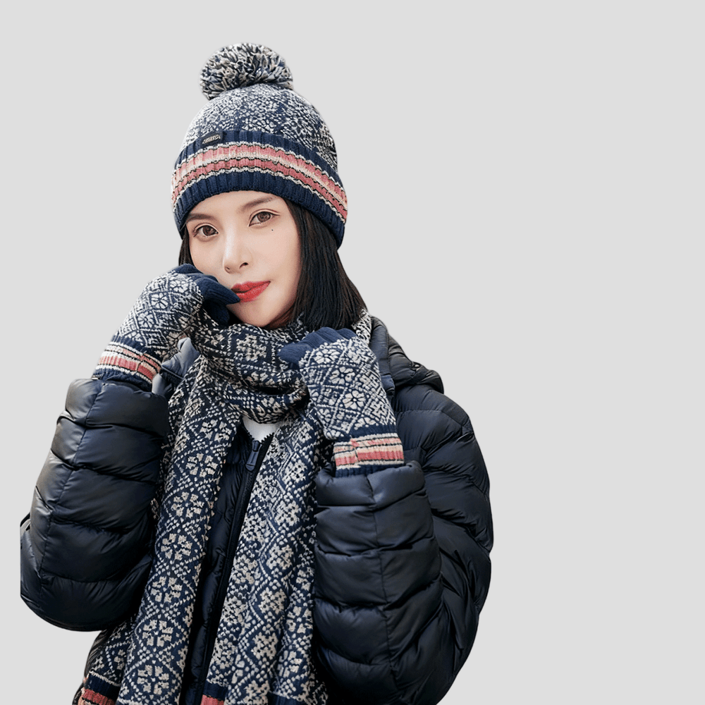 Womens navy blue Knitted Beanie, Scarf and Gloves Set