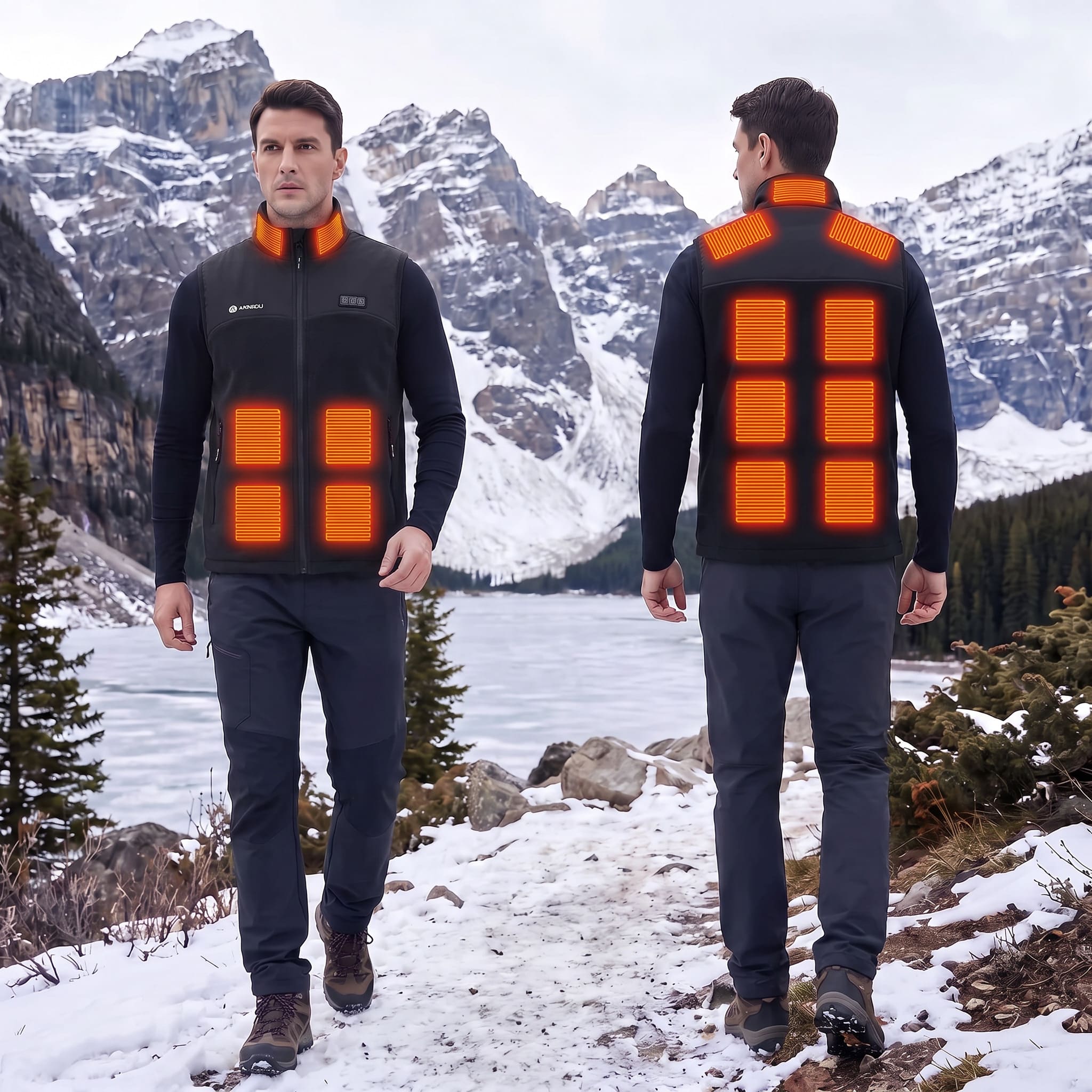 A man wearing a black winter heated vest with glowing orange heating panels on the front and back, standing in a snowy mountain landscape next to a frozen lake. A second view shows the back of the jacket with the orange heating grid illuminated.
