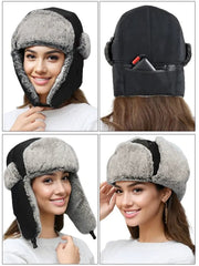 woman wearing a heated trapper hat in all angles
