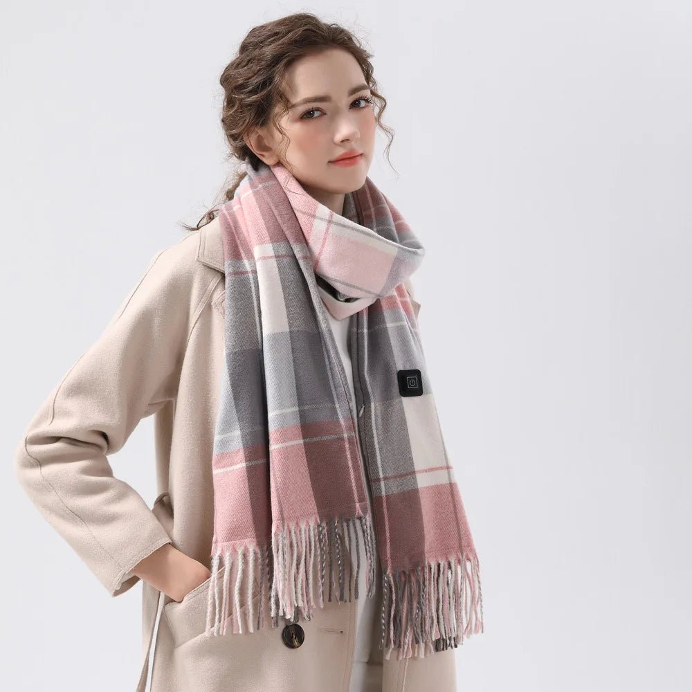 woman wearing a pink and beige Long Heated Scarve with Fringes