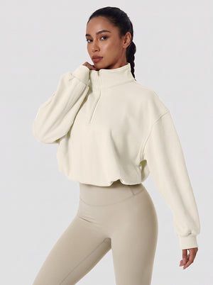 womens #beige Cropped Athletic Fleece Pullover