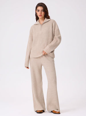 womens #beige Ribbed Half Zip Sweater Set