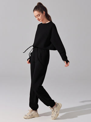womens #black Cropped Drawstring Sweat Set