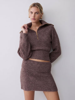 womens #coffee half zip knit sweater and skirt set