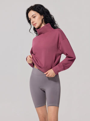 womens #darkpink Cropped Mock Neck Pullover Sweatshirt