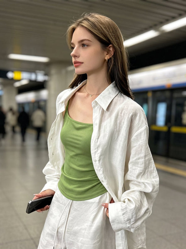 womens #green Tencel Linen Built In Bra Camisole