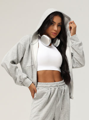 womens #grey Causal Hooded Zip Jacket