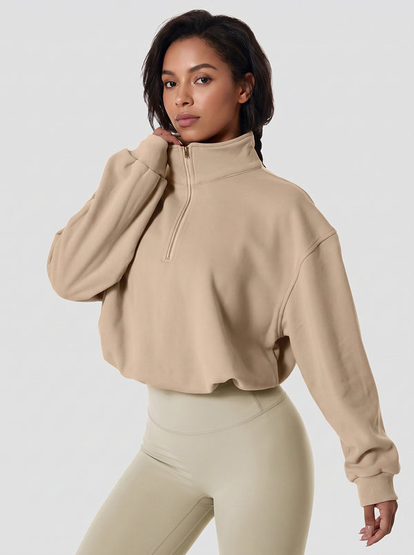 womens #khaki Cropped Athletic Fleece Pullover