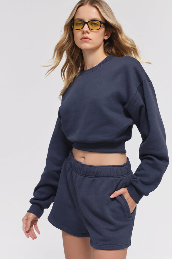 womens #navy Cropped Crew Neck Pullover