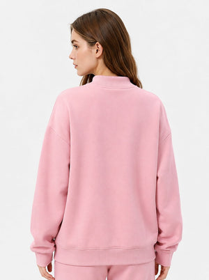 womens #pink Mock Neck Drop Shoulder Sweatshirt of back view