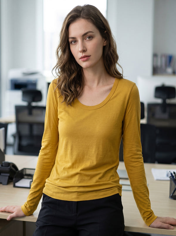 womens #yellow U Neck Long Sleeve Top UPF50