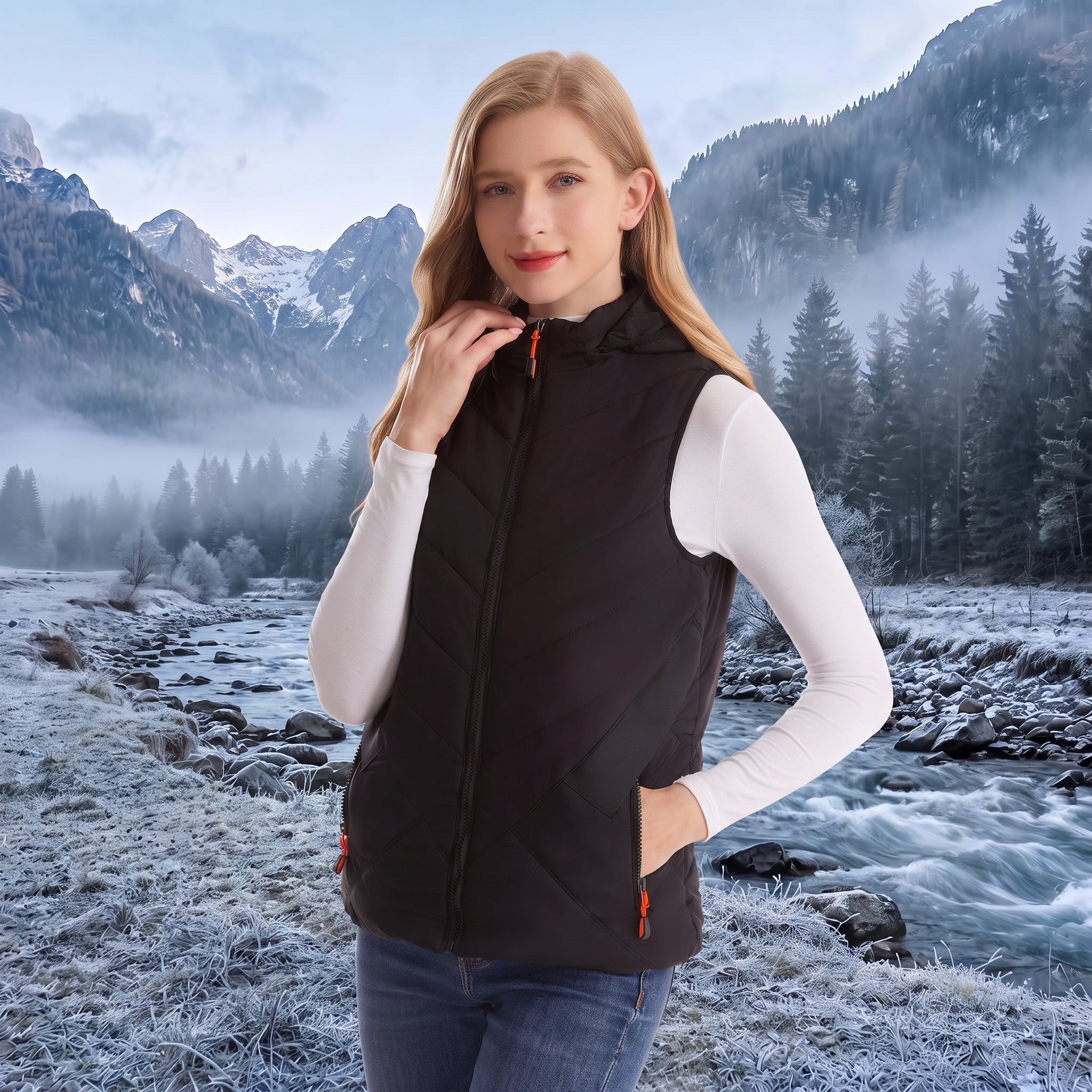 Woman models black hooded heated gilet with zipper pockets, outdoor frosty mountain river winter background