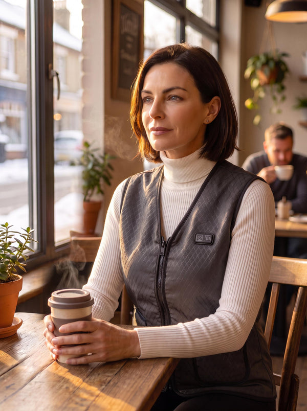 Ladies Heated Gilet Daily Casual Coffee‑Shop Lifestyle Scene