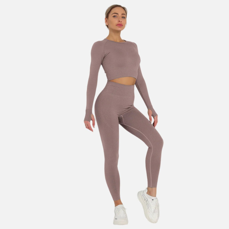 Women's Long Sleeve Crop Top & High Waist Leggings Yoga Set - Sidiou Group